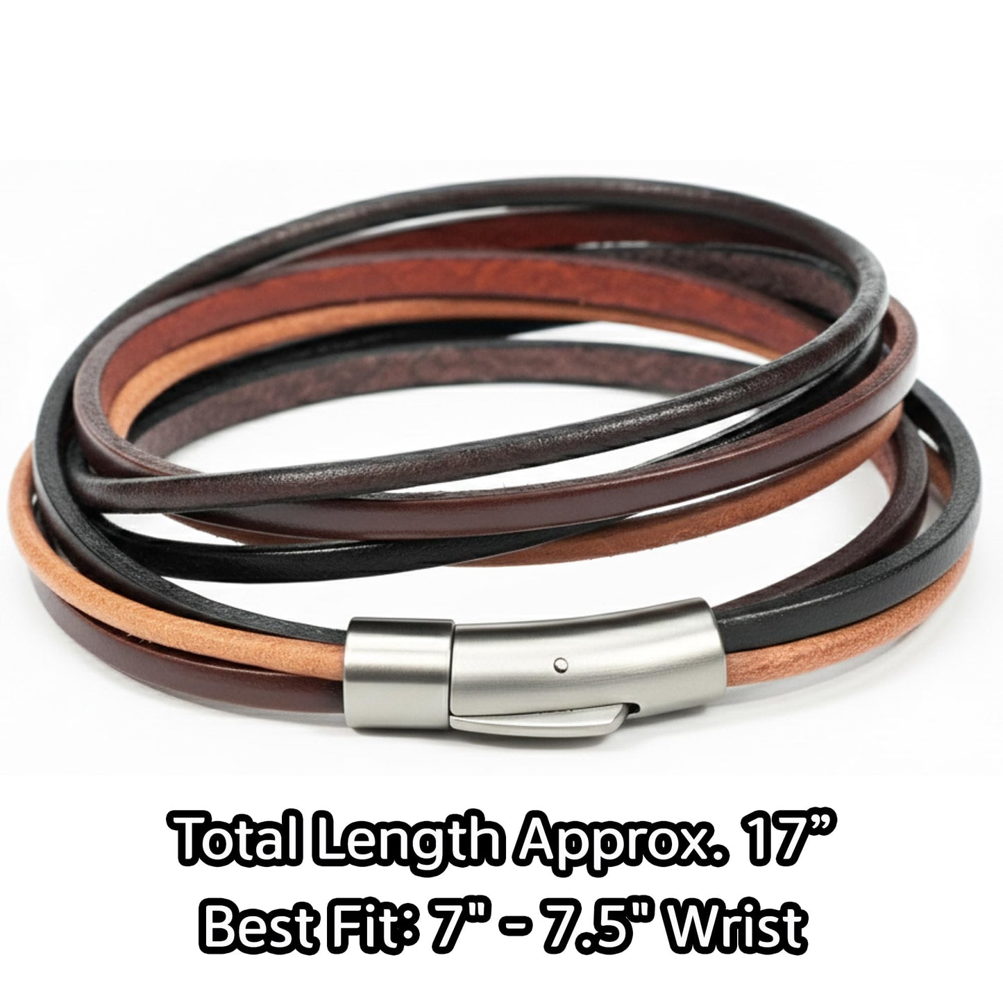 Leporem Unisex Genuine Cowhide Leather Wrap Bracelet Choker Minimalist Push-Lock Clasp Premium Surgical Steel Wristband 17.7 Inch Mixed Gift Box (Mixed, 17.7 Inches)