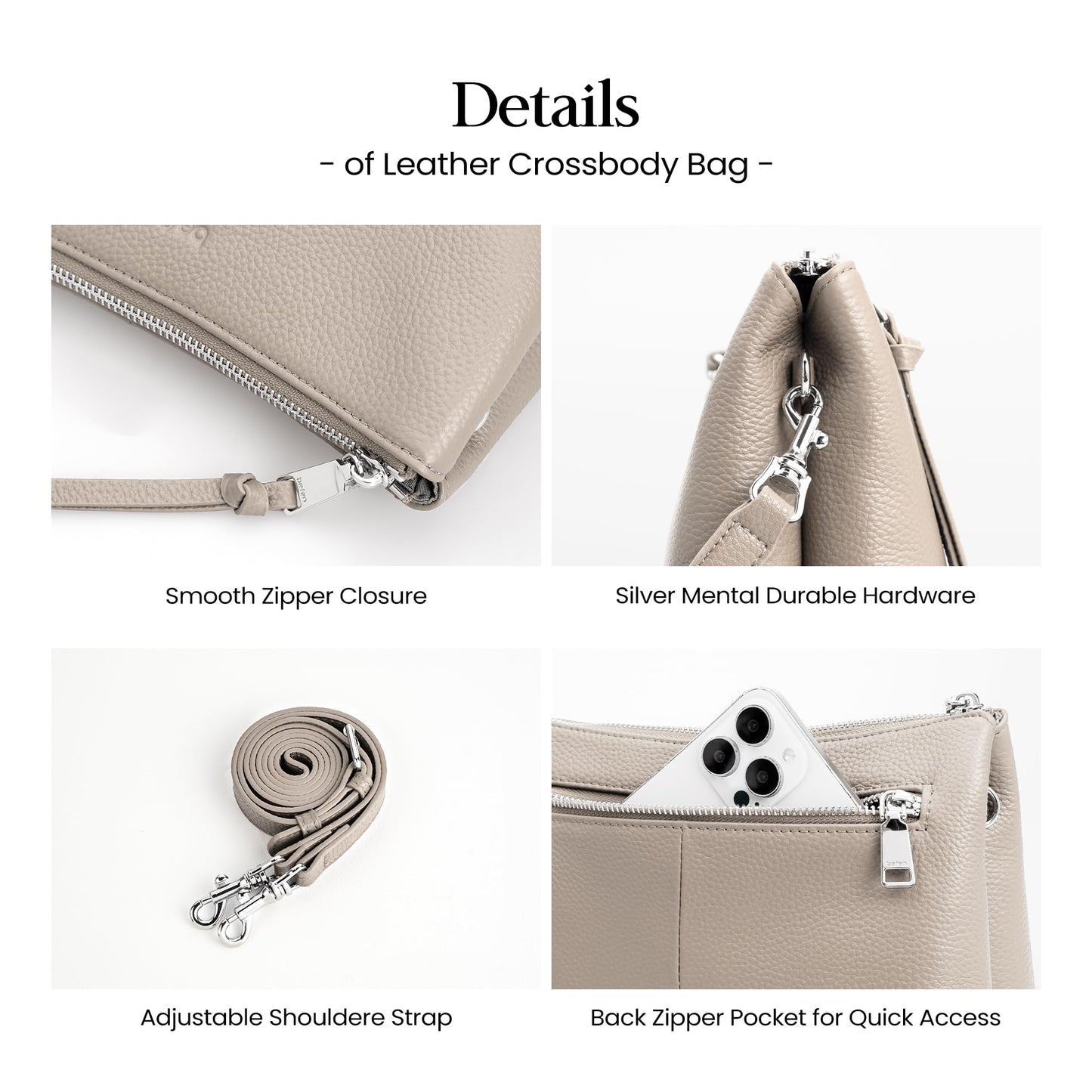 befen Soft Leather Cross Shoulder Bags for Women, Small Crossbody Purse for Women with RFID Card Slots for Travel - Beige Grey