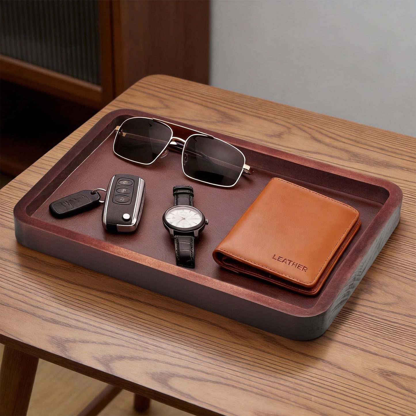 Wooden Valet Tray,Brown Wooden Catch All Tray with Leather Inlay Organizer ，Nightstand, Entryway Bedside Dump Holder, for Keys, Watches, Phones, Wallets Jewelry and More(H=1.2IN)