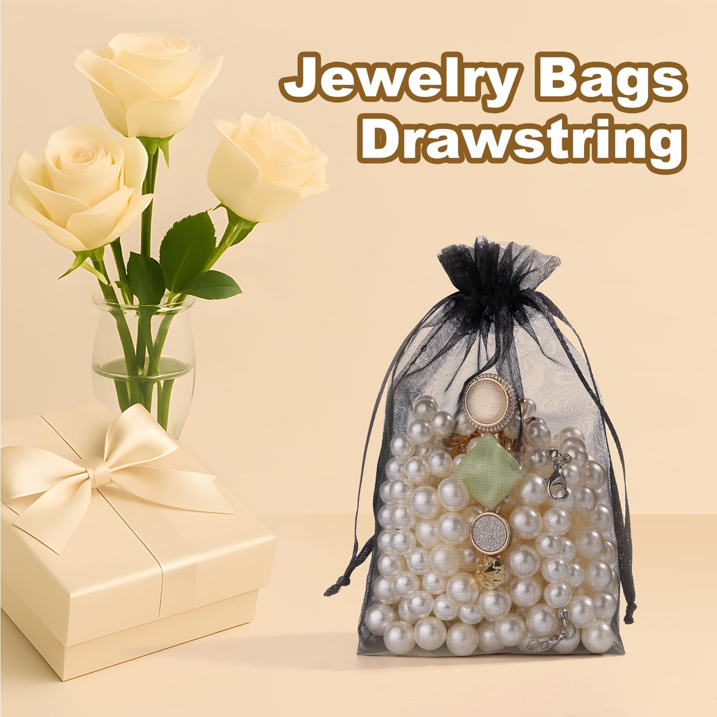 Crweety 50 Pcs Black Organza Bags 4x6 Inch, Small Mesh Gift Bags Drawstring for Jewelry Bracelet Packaging, Premium Sheer Gift Pouch for Wedding Party Favor, Candy Goodie Bag & Graduation Gifts