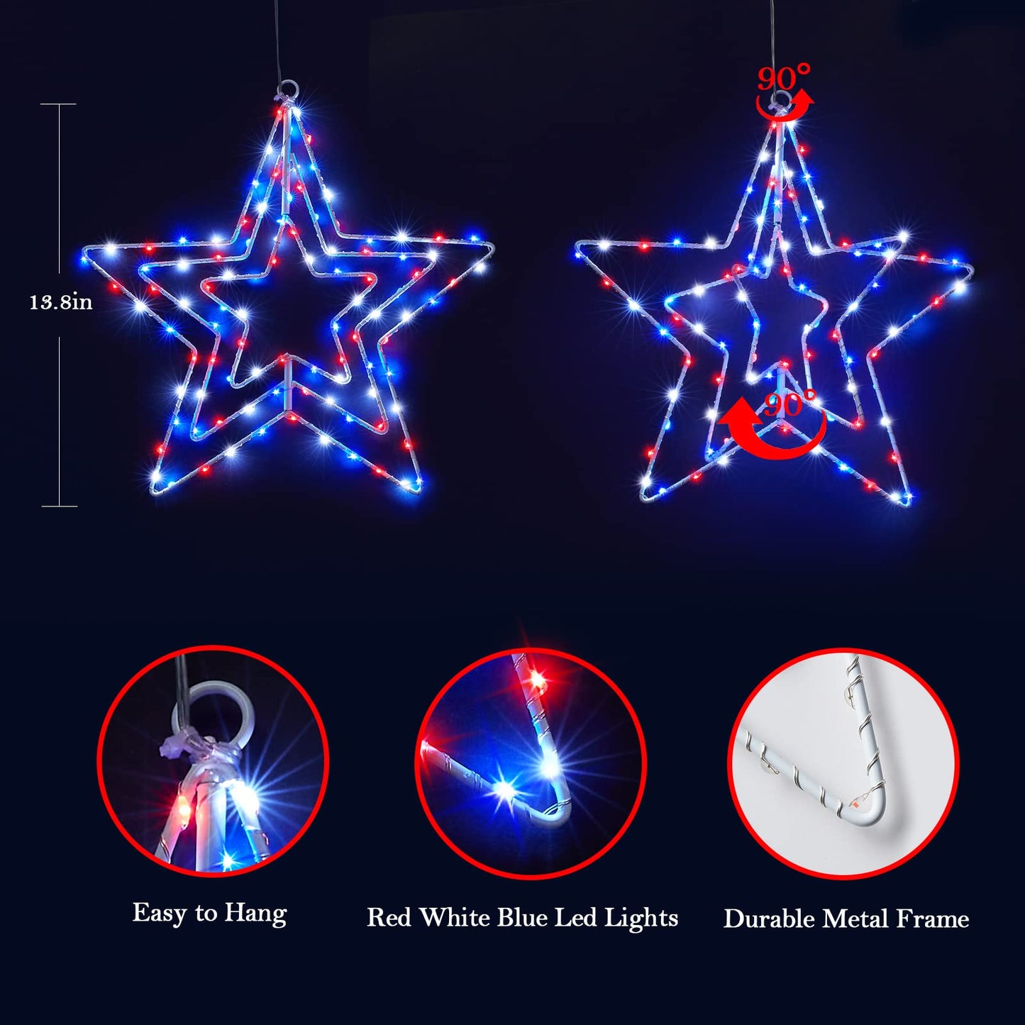 BlcTec 4th of July Decorations, 3 Layers of 14inch Red White Blue Big Stars with Rotatable Function, Durable Metal Frame Patriotic Stars Lights with Remote, 8 Modes & Timer for July 4th Decor, 2 Packs