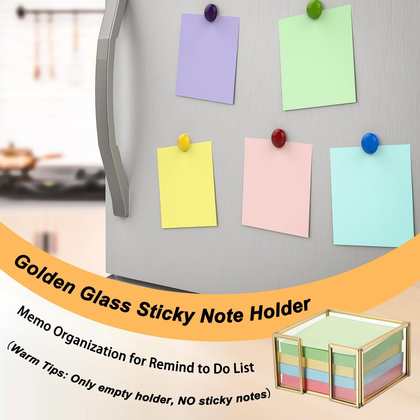 BTSKY Golden Glass Sticky Note Holder for 3x3 Inch Sticky Notes, Elegant Post It Note Dispenser with Non-Slip Pads Clear Notepad Holder for Desk Organization Planning, Home Office Decor
