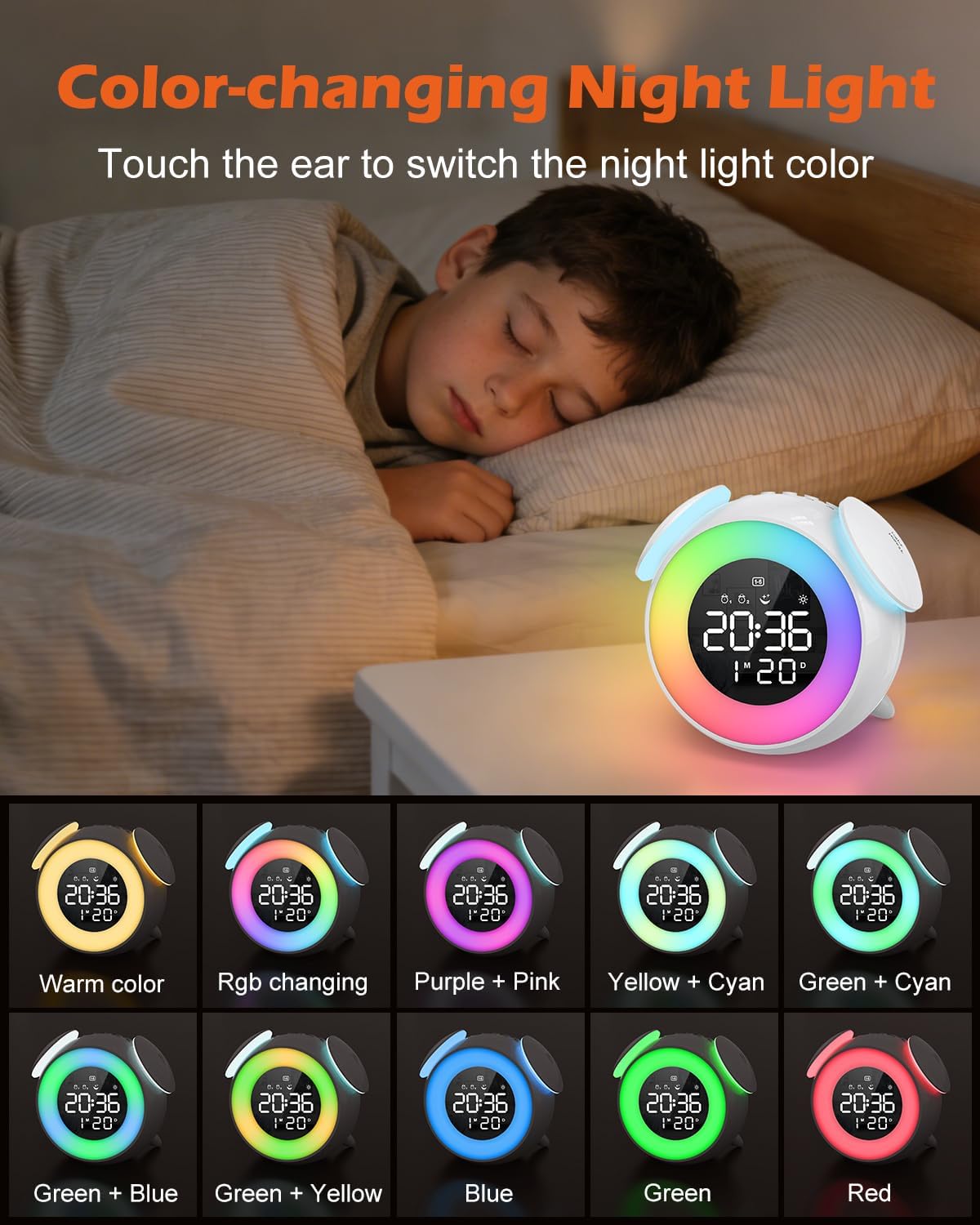 PENTASPI Alarm Clock for Kids, Ok to Wake Alarm Clock, Toddler Sleep Training Clock with Multi-Colors Night Light, 7 Ringtones, 3 Level Volumes, Dual Alarms, Snooze for Kids Girls Boys Adult