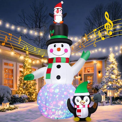 GOOSH 7 FT Christmas Inflatables Snowman and Penguin with Built-in Music & 360° Rotation Colorful Projector LED Light, Blow Up Snowman Outdoor Christmas Decoration for Holiday Party Xmas New Year