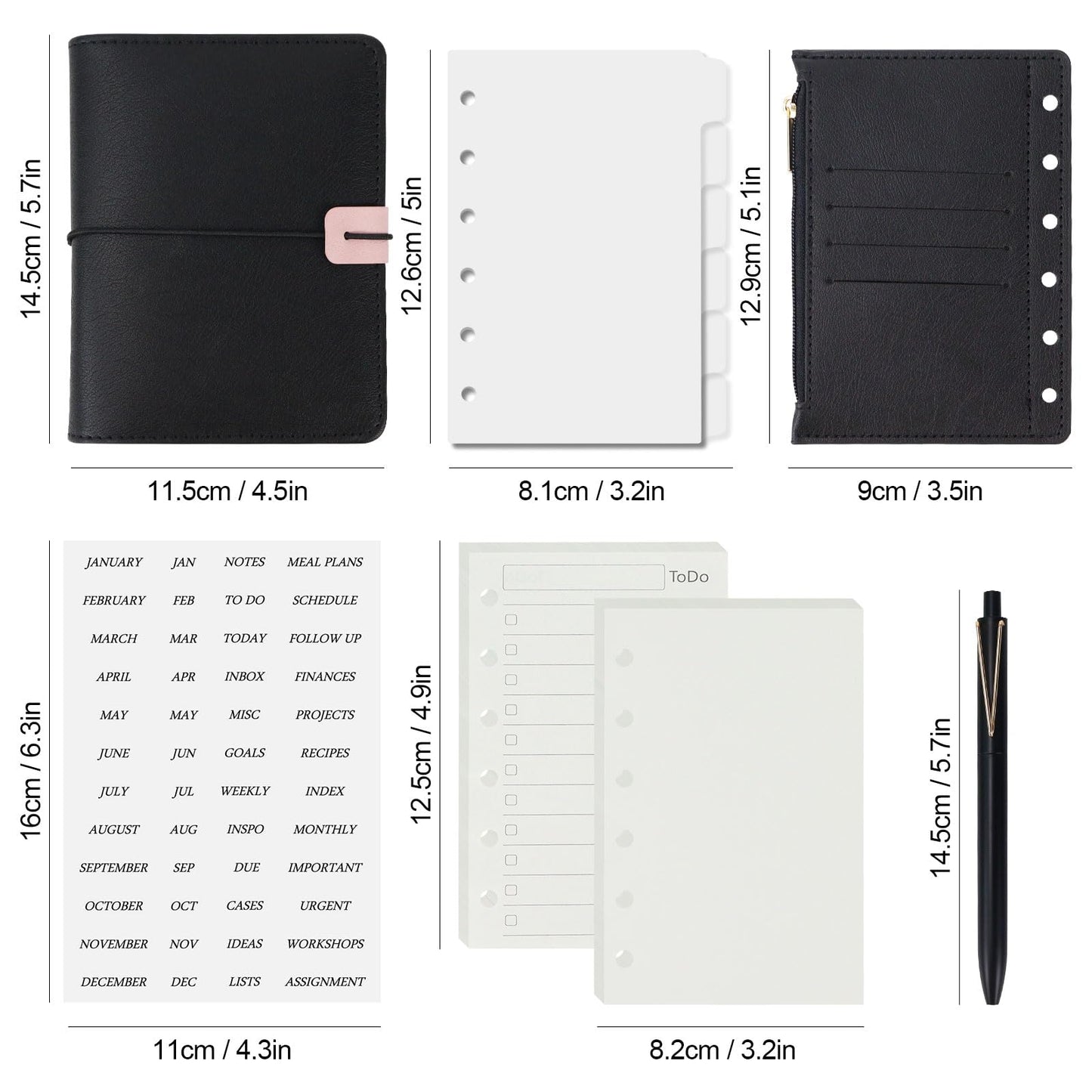 Koqye A7 Refillable Planner Small Binder Notebook 6 Ring, Portable PU Leather Organizer with Zippered Pocket, To-Do & Blank Refill Papers, Dividers, Monthly Sticker, Pen, for Students, Professionals, Travel (Black & Pink)