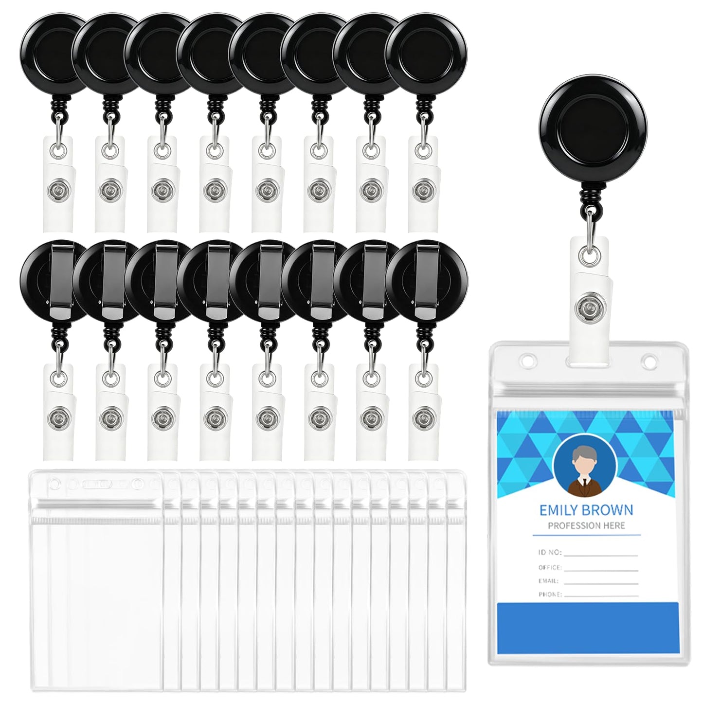 50 Pack ID Badge Holders with 50 Pack Retractable Badge Reel Clips, Clear Vertical ID Card Holder with Badge Reel, ID Badge Clip with Name Card Holder