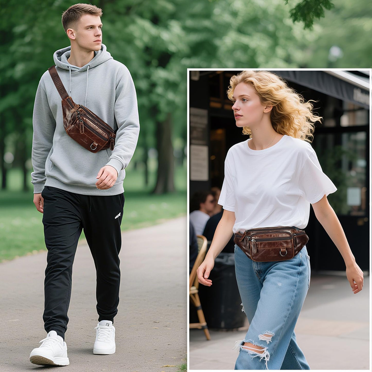 Genuine Leather Fanny Pack HandMade Durable cowhide Waist Bag Lots of Anti-theft zipper pocket Waxed Brown