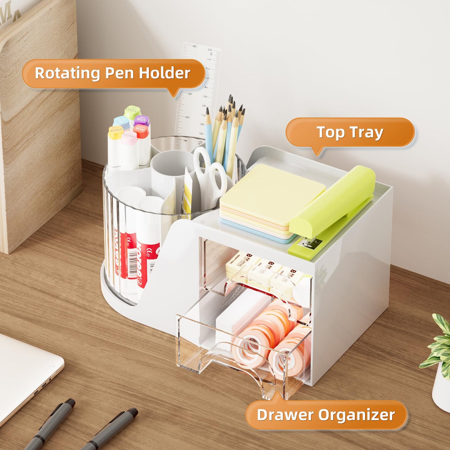Marbrasse Desk Organizer with 2 Drawer, 360°Rotating Pen Holder, Desk Organizers and Accessories with 6 Slots Pencil Organizer + 2 Drawer, Art Supply Storage Box Caddy for Office (White)