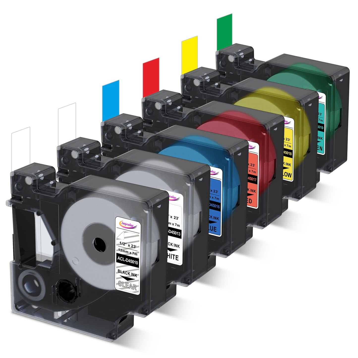 Anycolor 6-Pack Replace for Dymo D1 Label Tape 1/2" dymo Label Maker Refills D1 45013 45010 45016 45017 45018 45019 for LabelManager 160 280 PnP 360D 210D 420P COLORPOP Labeler, 12mm x 7m