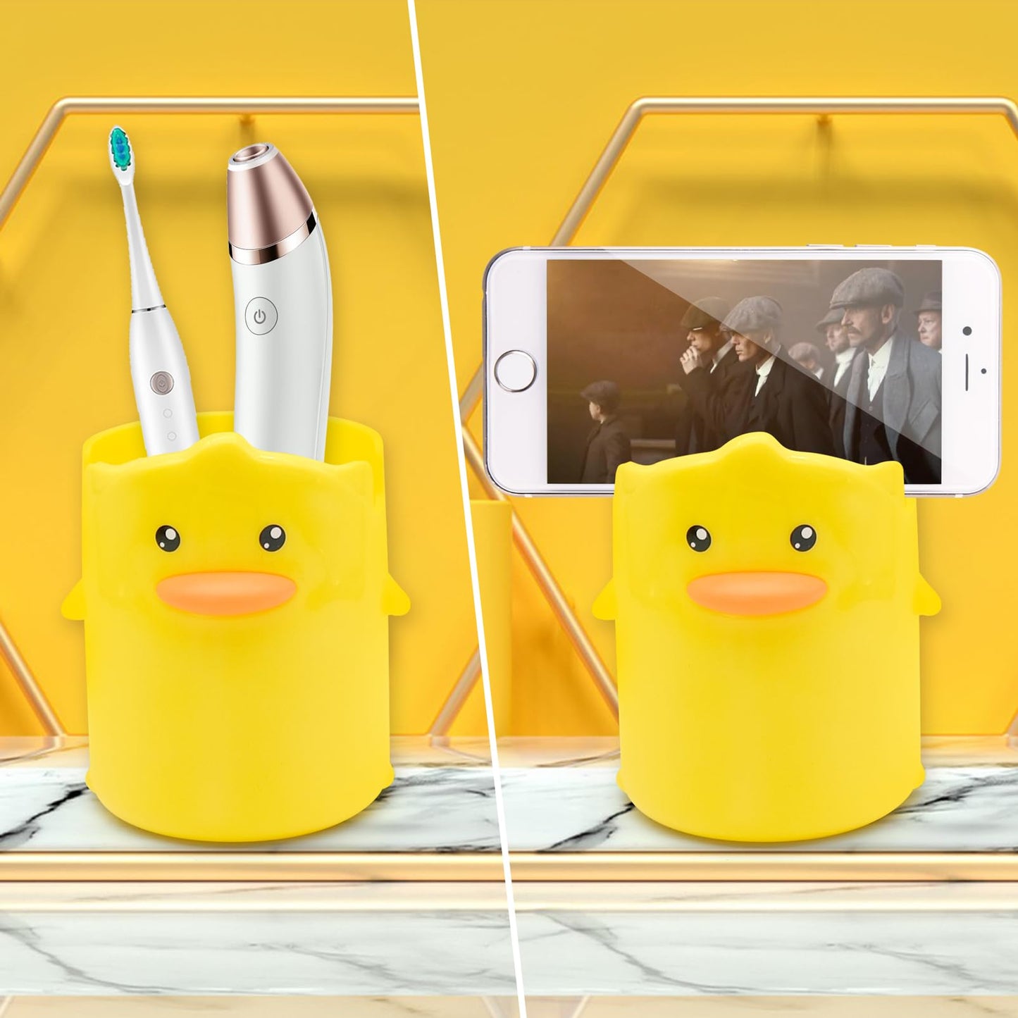 inheming 2 Pcs Pencil Holder for Kids, Cute Cartoon Little Yellow Duck Pen Holder, Multifunctional Phone Holder Makeup Brush Holder Stationery Storage Cup