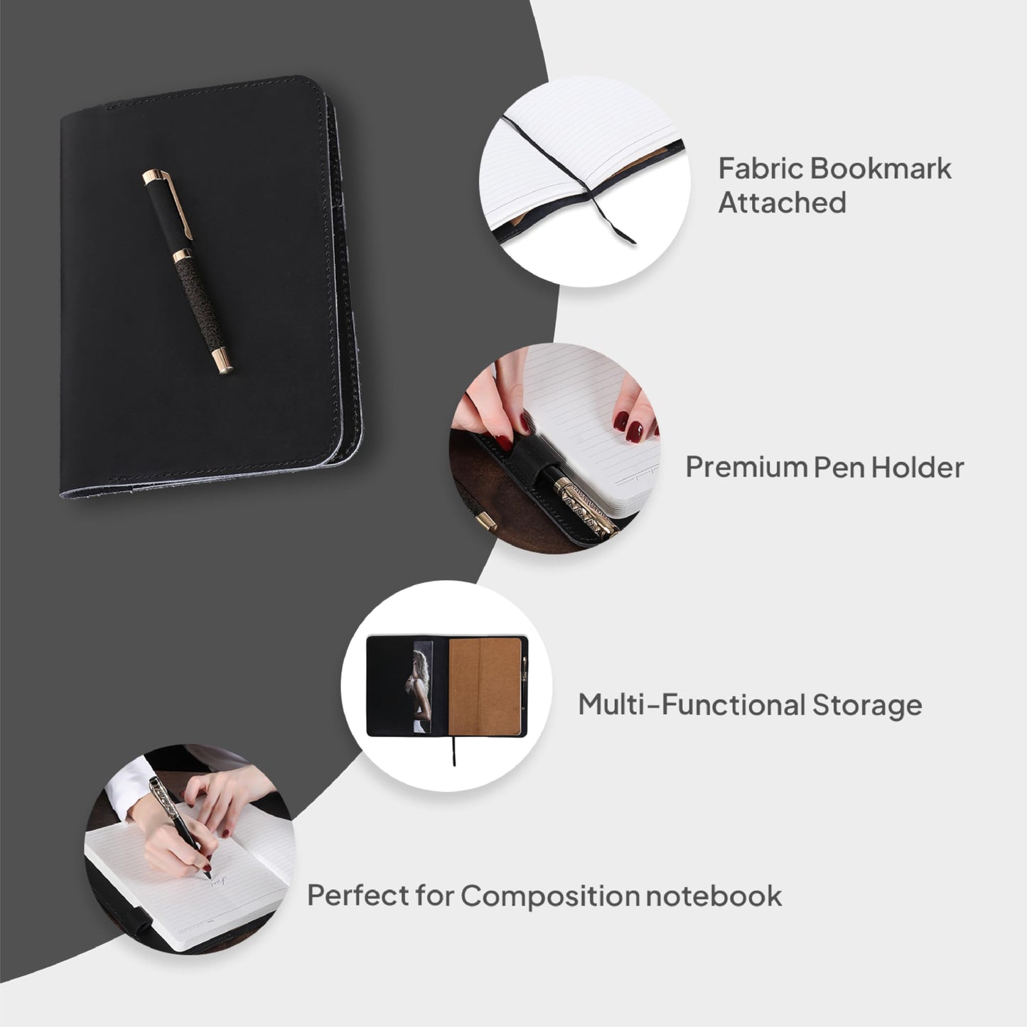 TheAntiq XL Leather Journal Cover 7.5 x 9.5 Inch – Refillable Genuine Leather Cover for Composition Notebook, Planner & Diary – Handmade Protective Travel Writing Case, Black