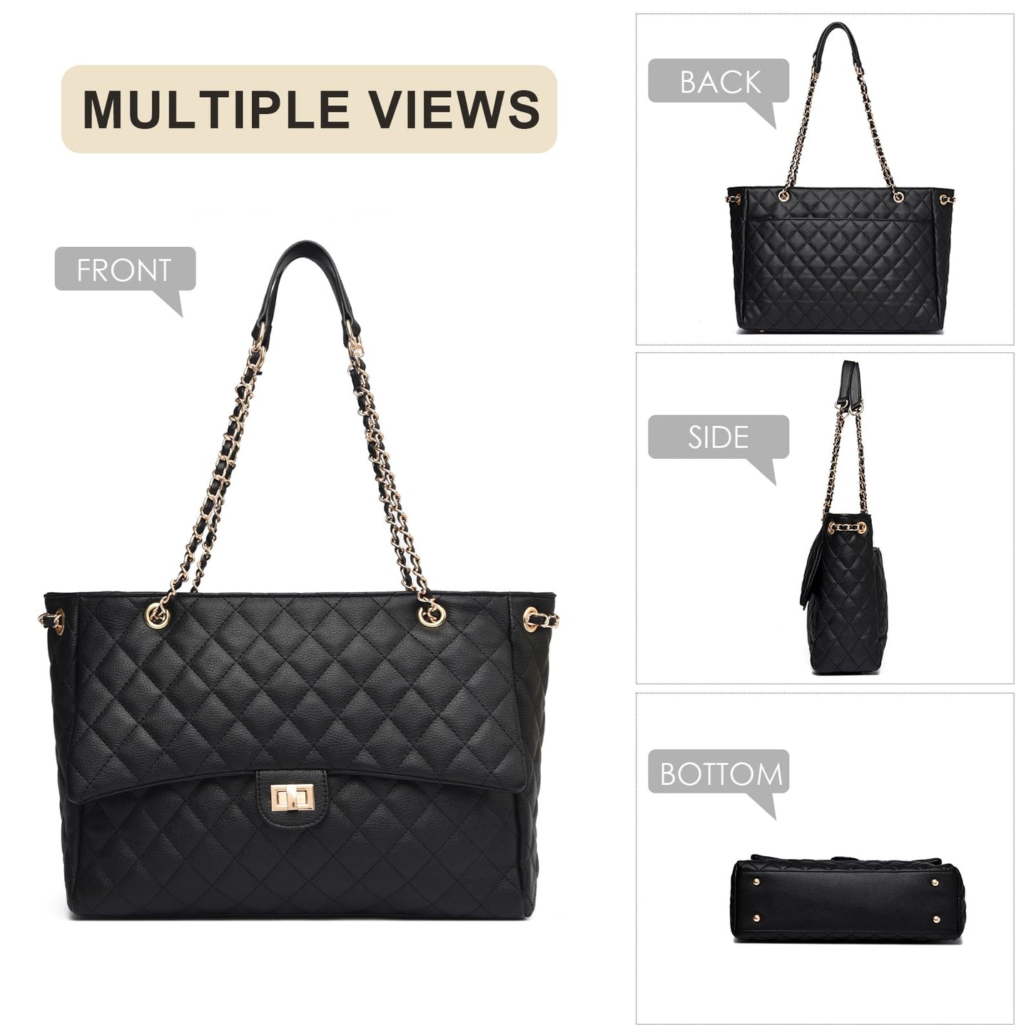 Eslcorri Quilted Satchel Tote Bag for Women, Elegant Leather Shoulder Handbag with Chain Strap and Twist-Lock, Classic Designer Crossbody Purse for Work, Travel, Dating & Evening Out, Black