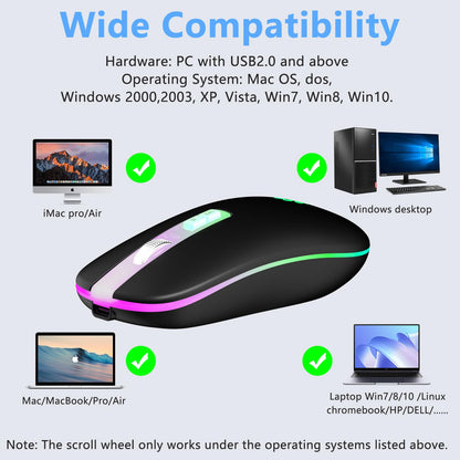 KARFUN Wireless Mouse, Backlit LED Portable Slim Computer Mouse for Laptop, PC, Computer, MacBook, iPad, Chromebook, Notebook, 2.4G Rechargeable Wireless Mouse (Black) (Black-Transparent Nose)