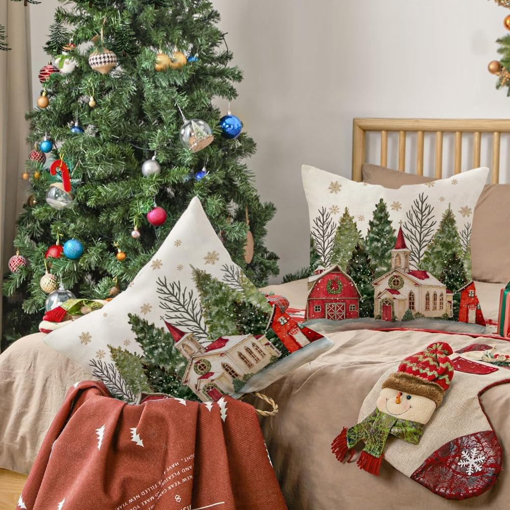 RABUSOFA Christmas Pillow Covers 18x18 Inch Set of 2 Christmas Tree Decoration Golden Snowflake Decorative Throw Pillows Winter Holiday Christmas Decor Farmhouse for Home Couch