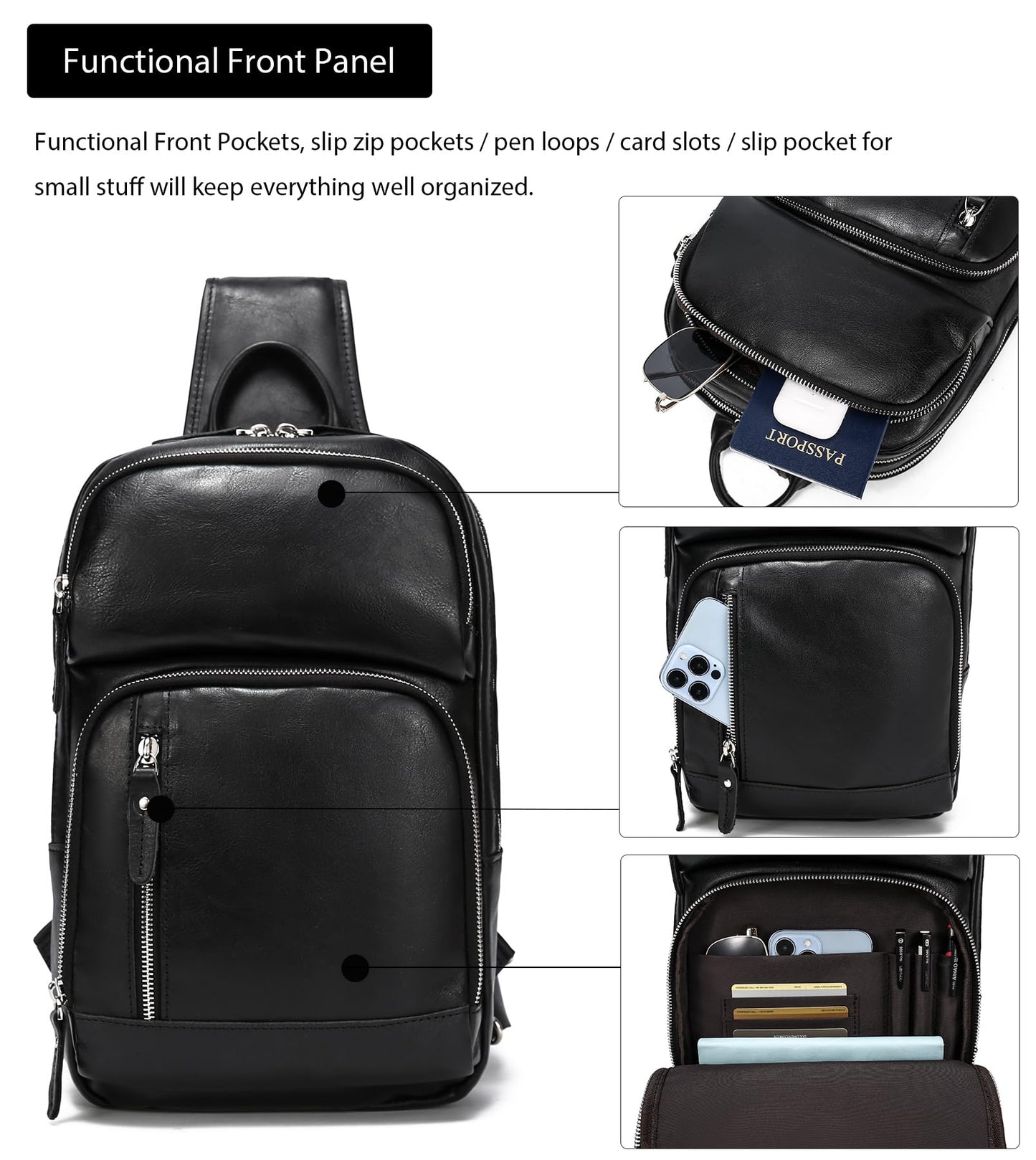 LANNSYNE Full Grain Leather Sling Bag For Men Crossbody Chest Daypack fits 12.9" iPad