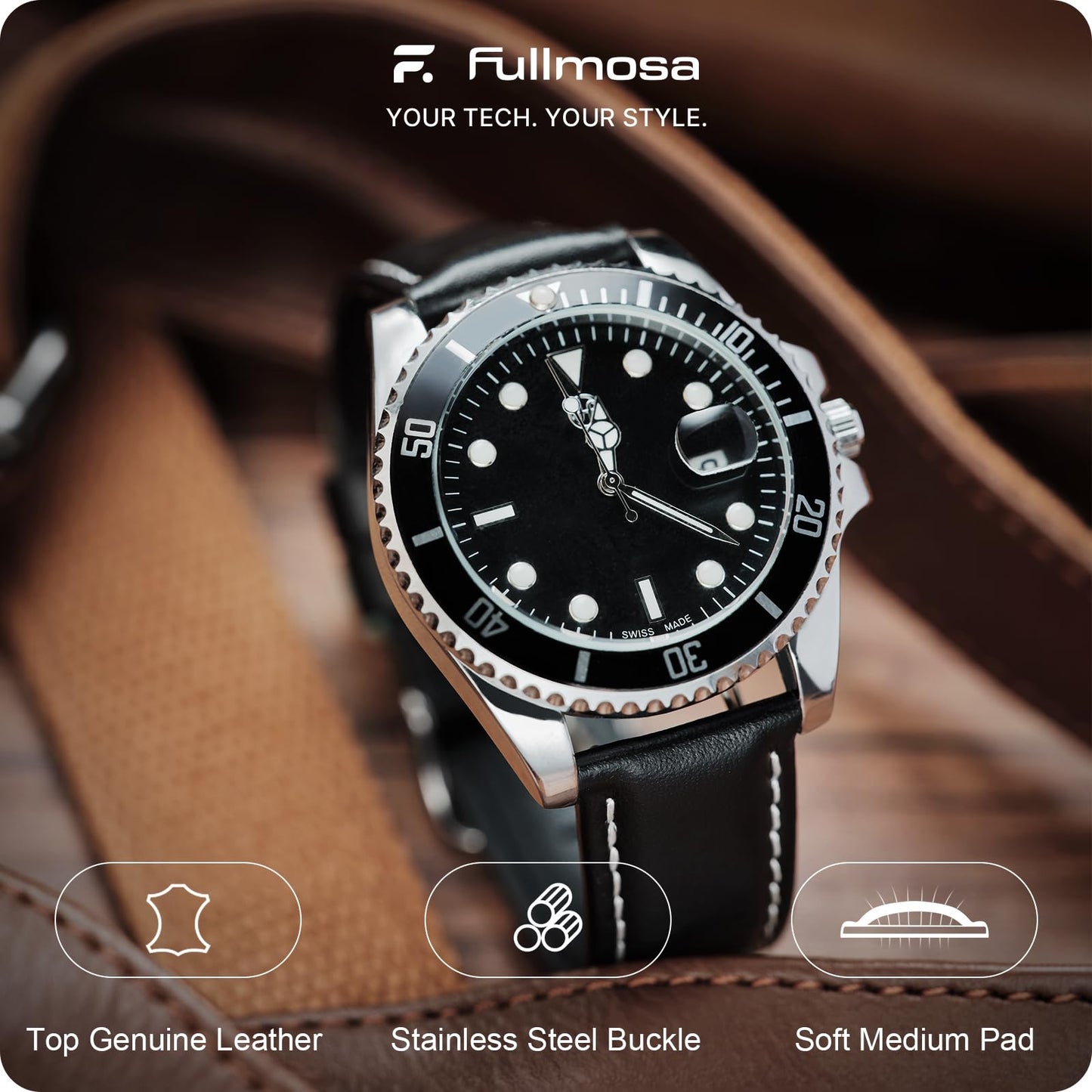 Fullmosa Watch Band, Quick Release Leather Watch Strap Compatible with Samsung Galaxy Garmin for Men Women, Replacement Bands Width 12mm 14mm 16mm 18mm 19mm 20mm 21mm 22mm 24mm