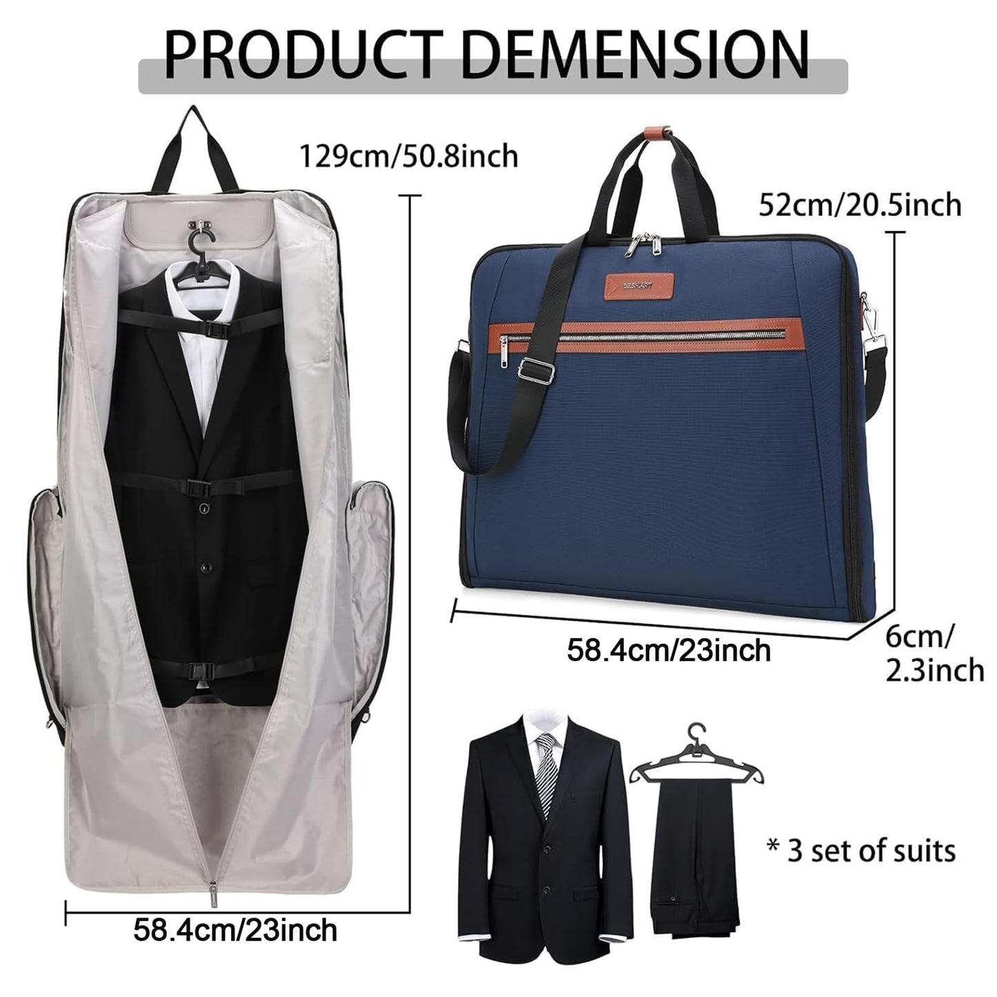 BE SMART Waterproof Foldable Garment Bags for Travel, 51" Large Travel Hanging Bags for Clothes, Carry on Suit Bag with Strap for Men Women, Wrinkle Free Luggage Suit Cover for Business Trips(Blue)
