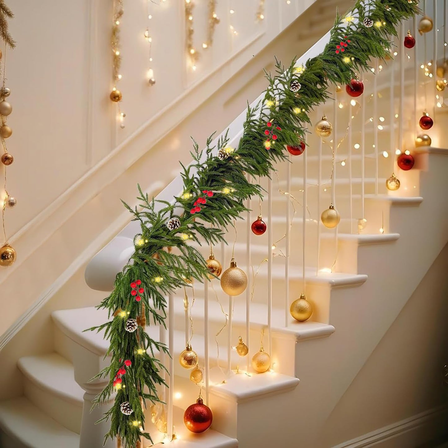 6FT Norfolk Pine Garland with Light for Christmas Decoration, Artificial Christmas Garland Without Chemical Scent, Real Touch Cedar Garland for Mantle,Table, Fireplace, Wall and Outdoor Decoration