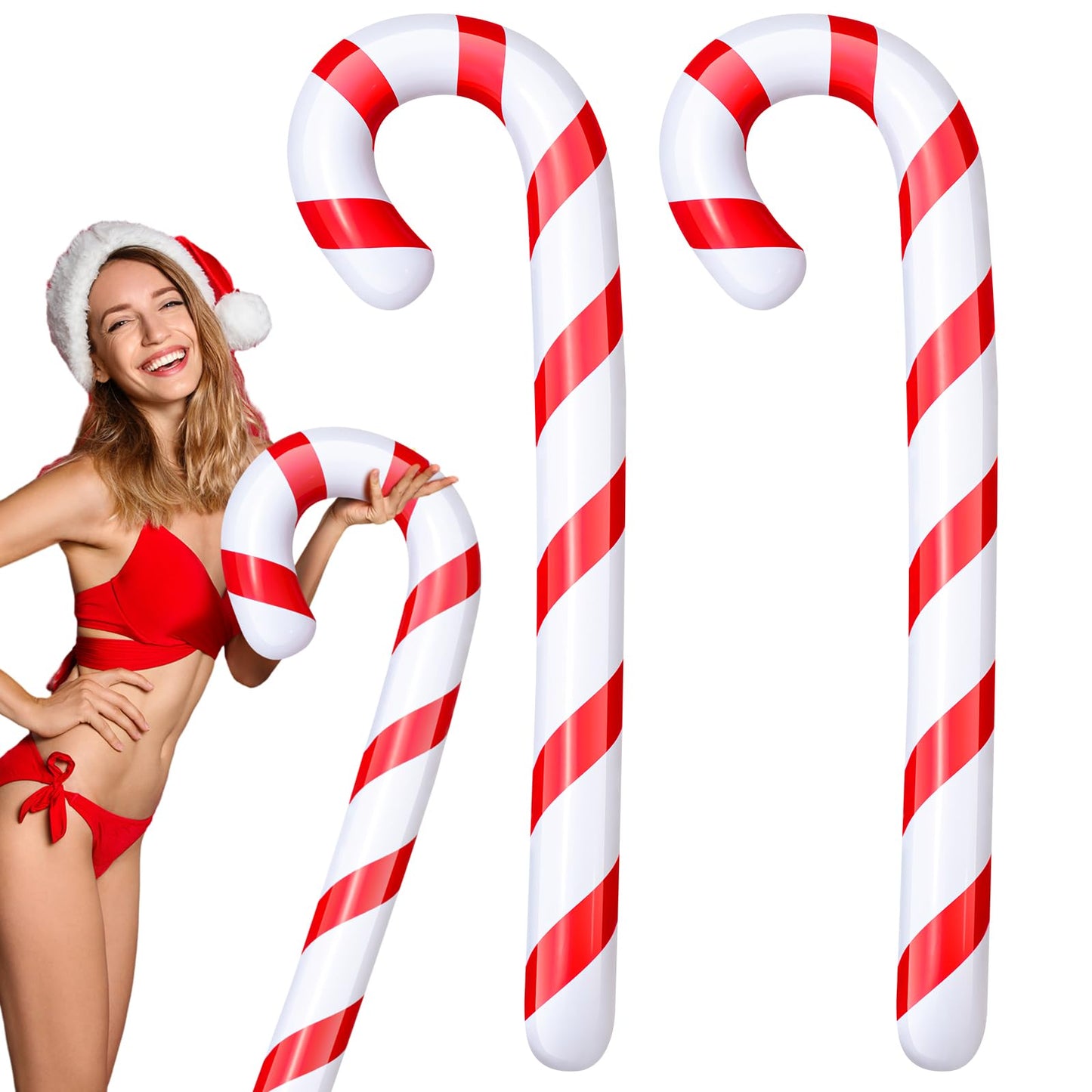 Leyndo 2 Pcs 5.5 ft Christmas in July Candy Cane Summer Christmas Candy Cane Inflatable Pool Noodles Jumbo Floats Swim Floating Noodles for Indoor Outdoor Swimming Pool (Red and White)