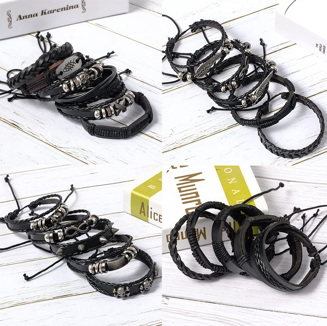 WAINIS 6 Pack Mens Black Leather Bracelets Set for Men Stackable Braided Cuff Bracelet Tribal Punk Rock Handmade Wristband