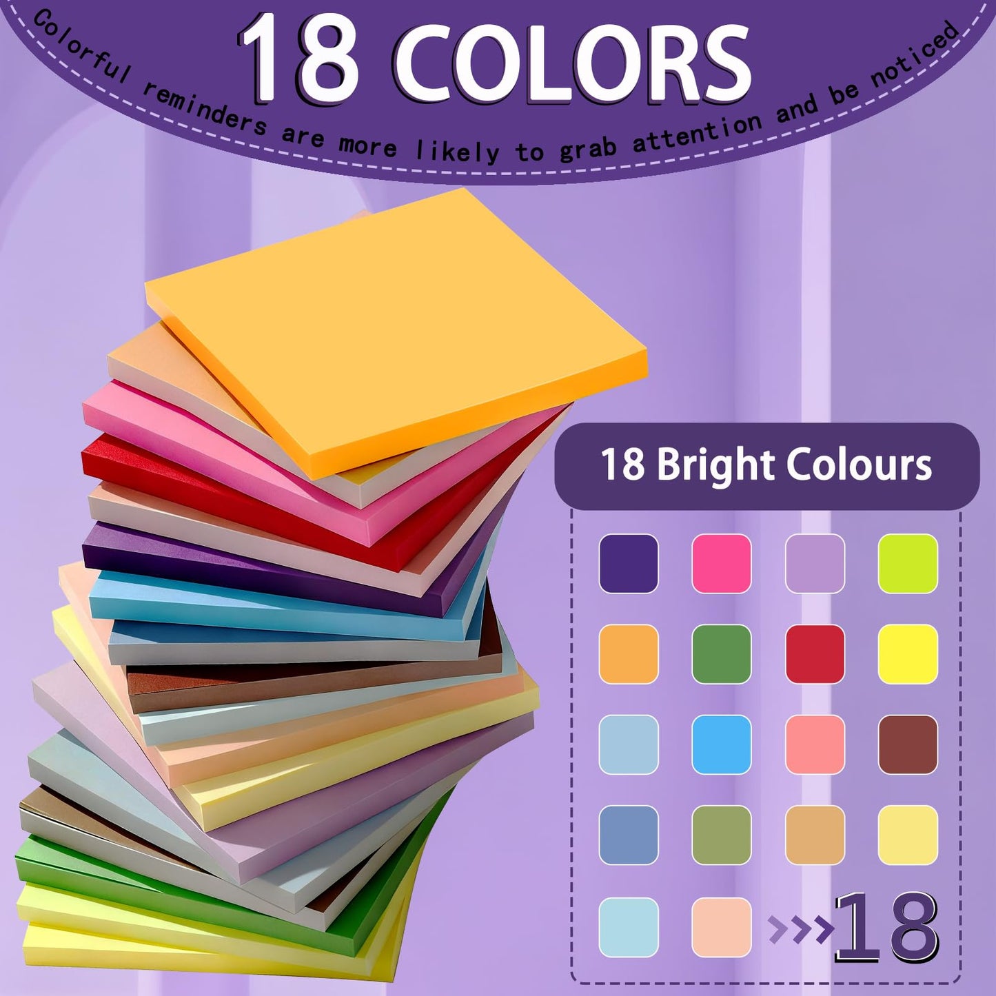 (18 Pads) Sticky Notes 3x3 inch, Self-Stick Note Pads, 18 Colorful Sticky Notes for School Supplies or Office Supplies