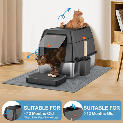 Stainless Steel Litter Box with Lid,Front Entry Top Exit Kitty LitterBox,Extra Large Enclosed Metal Cat Box with Litter Scoop & Litter Mat-Black