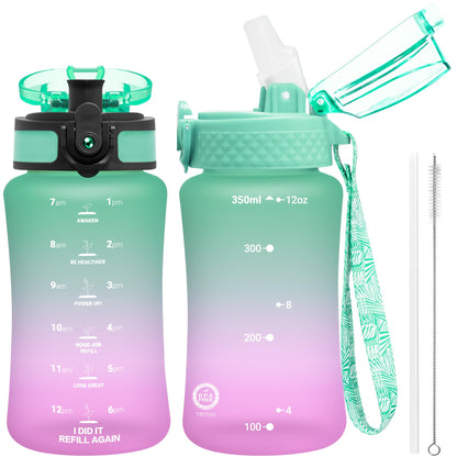 OLDLEY Kids Water Bottle for School, 12 oz (2 lids) BPA-Free Reusable Leak-proof Durable Tritan Plastic Water Bottles with Straw & Chug Lids, Anti-dust Spout Cover (Green Purple)