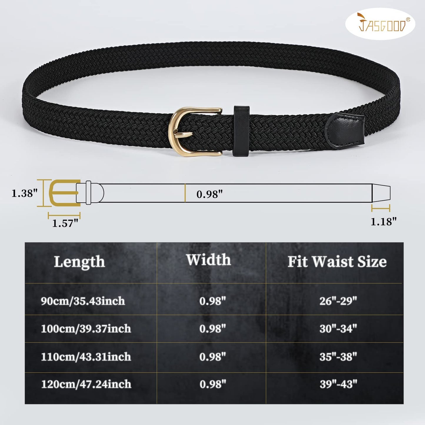 JASGOOD 2 Pack Braided Belts for Women, 1'' Narrow Width Elastic Woven Stretch Fabric Cloth Belts with Gold Buckle