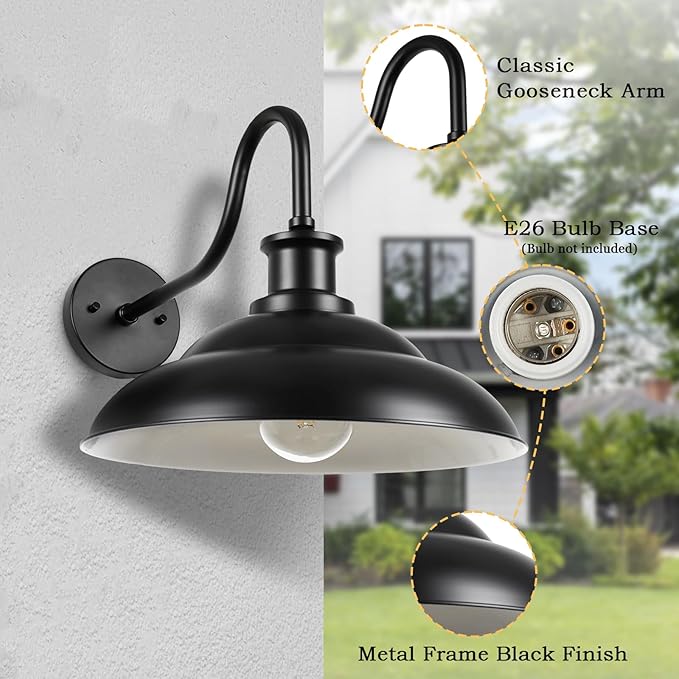 Outdoor Gooseneck Barn Light Fixture, 16 Inch Dome Large Wall Sconce Farmhouse Exterior Wall Mount Light for House Garage Patio Doorway
