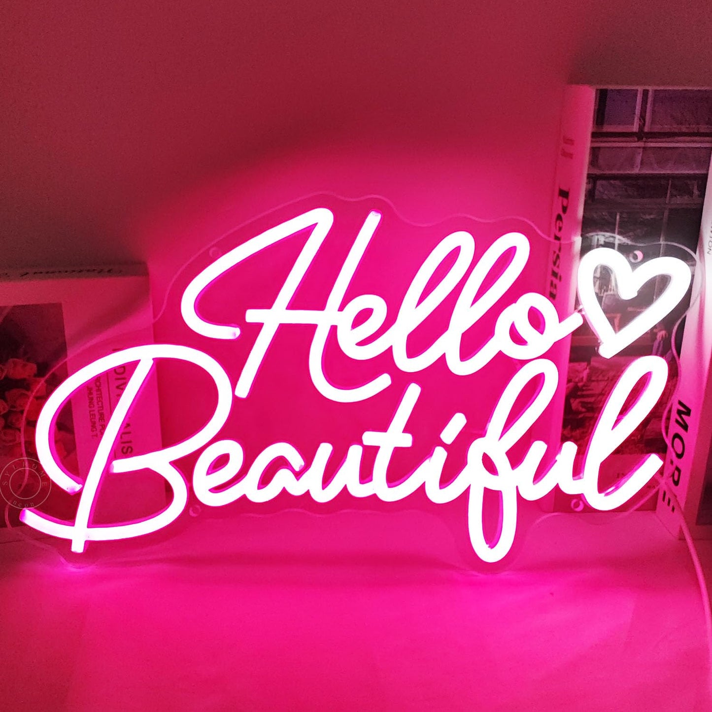 SYLHOME Hello Beautiful Led Neon Light Sign Pink Heart Hello Gorgeous Bedroom Wedding Birthday Party Decor USB Bacelorette Christmas Valentines Day Decoration 15.75"X8.7"