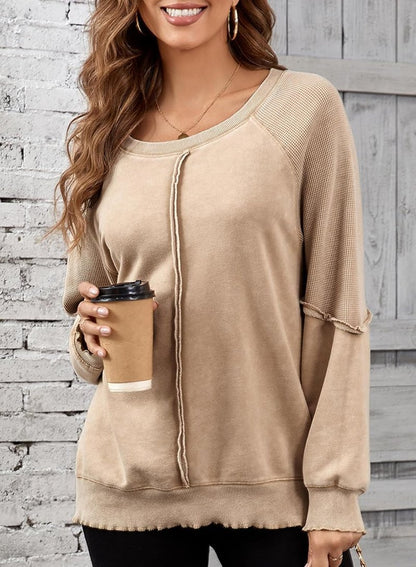 Women's Oversized Crewneck Sweatshirt - Casual Off-The-Shoulder Waffle Knit Pullover