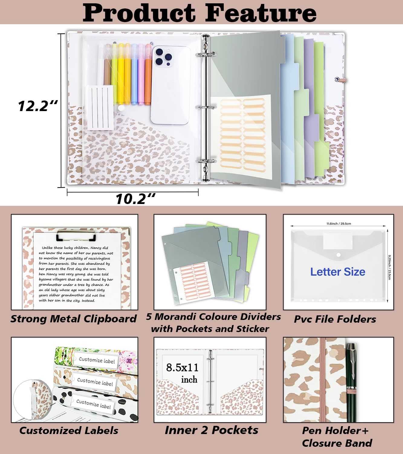 3 Ring Binder 1 Inch for 8.5"x11" Paper, Three Ring Binders with Clipboard, 5 Dividers with Tabs and Pockets, Transparent Folder, 18 Divider Stikers, BVSSX Decorative Binder with Pen Holder,Leopard