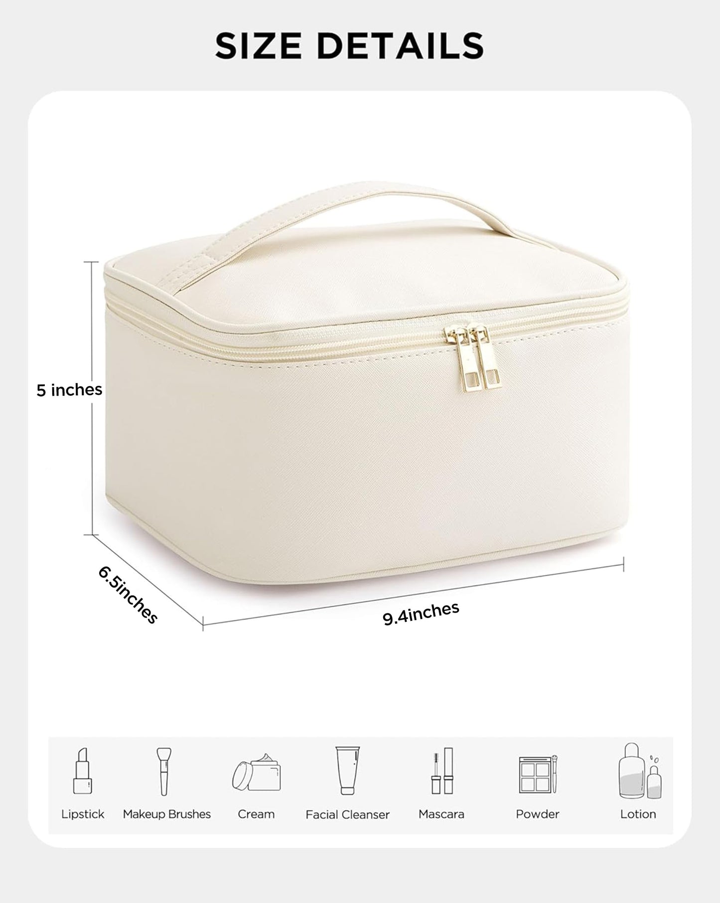 HBlife Travel Makeup Bag Portable Cute Leather Cosmetic Bag Large Make Up Bag Makeup Case Organizer Toiletry Bag for Women Girls with Handle and Removable Divider (Beige)