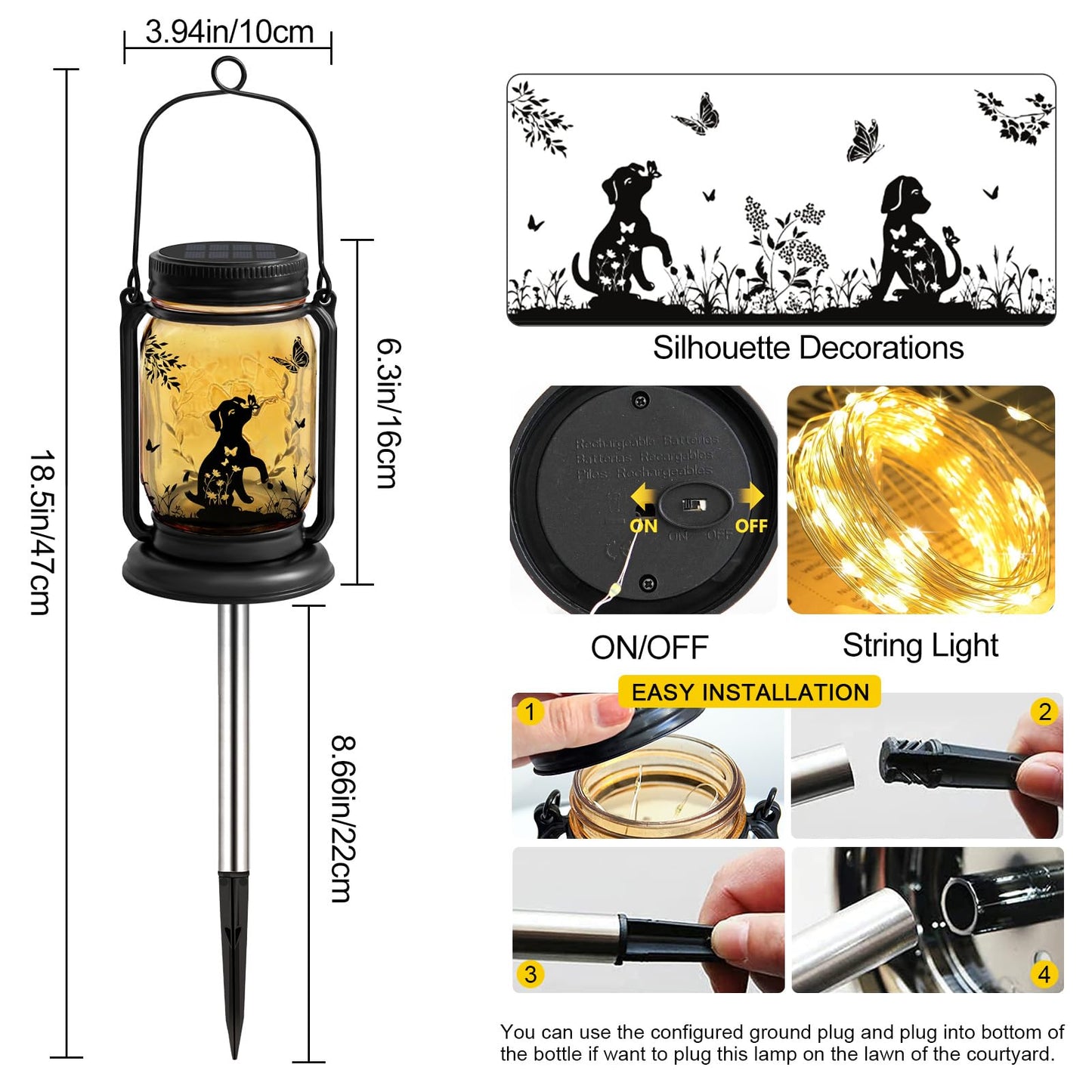 2 Pack Dog Solar Lanterns, Outdoor Hanging 3in1 Solar Lantern with Stake, Birthday Gifts for Mom, Grandma, Women Dog Lover, Dog Butterfly Mason Jar Waterproof LED Lights for Yard Lawn Garden Decor