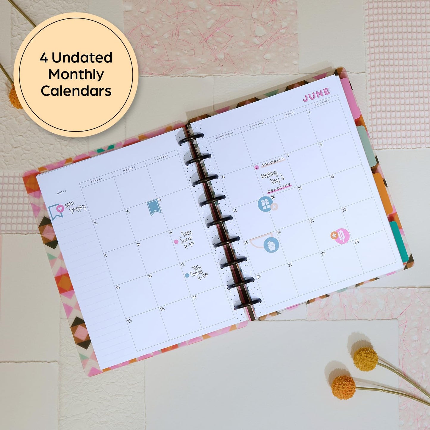Happy Planner Undated Plans + Notes Monthly Planner Notebook Journal, 4-Month Planner, Homespun Theme, Classic Size, 95 Pages, 4 Dividers, 12 Planner Sticker Sheets, 7" x 9 3/4"