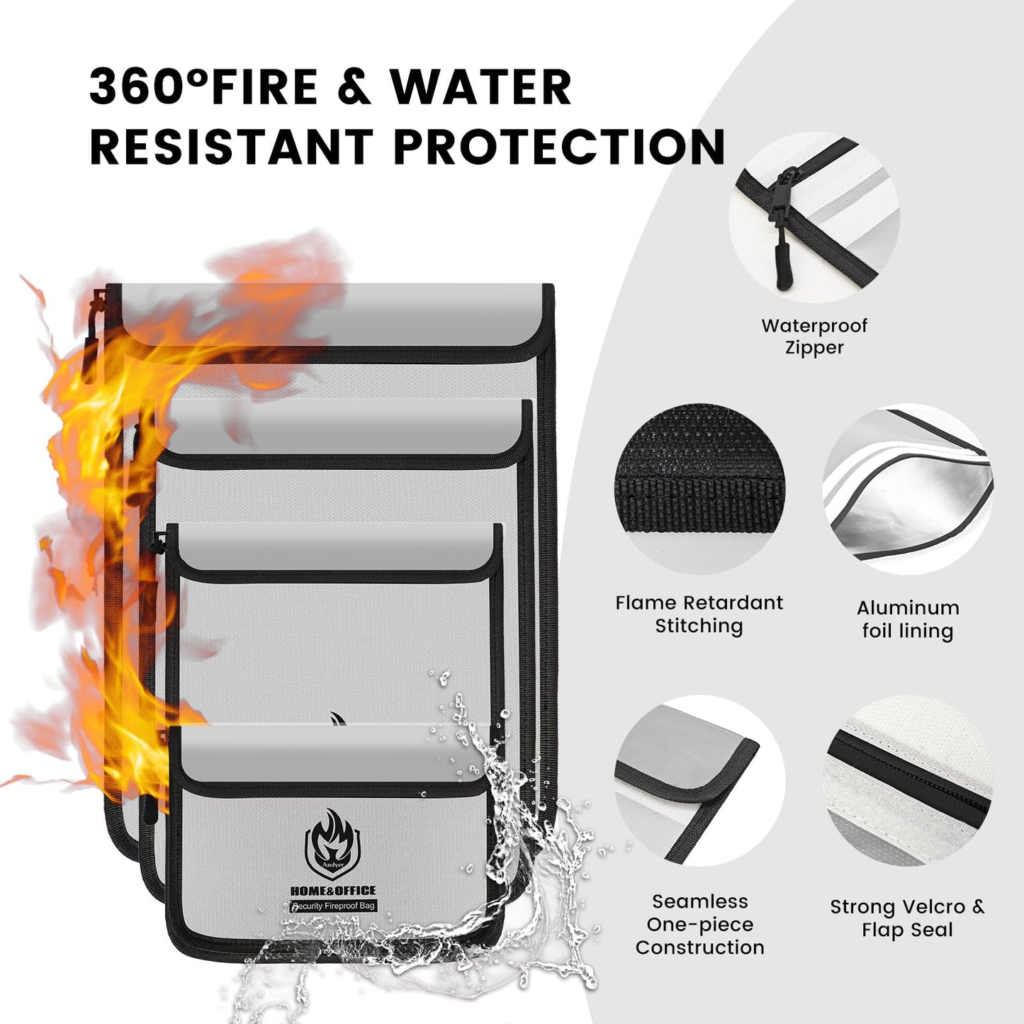Andyer 4 Pack Fireproof Document Bags, Waterproof Document Pouch Holder with Zipper, Fire Proof Money Bag for Cash, Fireproof Envelope Fire Safe Bag, Fire Resistant Storage for Legal/A4 Size (Gray)