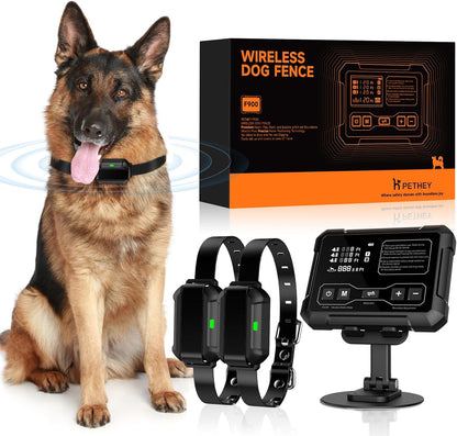 PETHEY Wireless Dog Fence System, Indoor & Outdoor, 1 Acre High-Precision Radar Wireless Dog Fence System, Real-time Monitoring, 9-26in Medium & Large Breeds, Not Limited by GPS Signal (for Two Dogs)