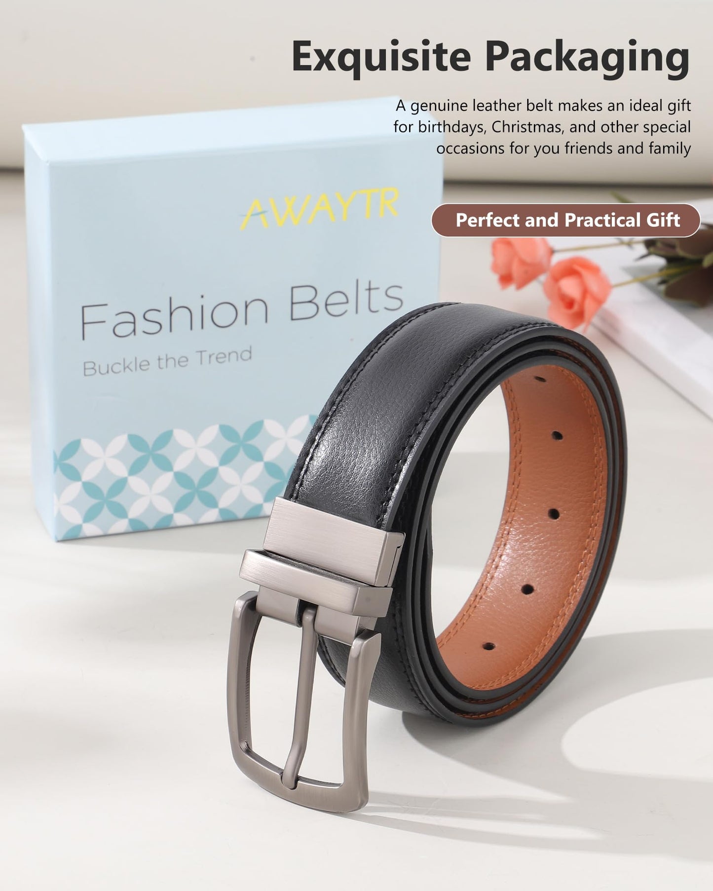 AWAYTR Men Reversible Leather Belt - 1.33'' Wide Genuine Leather Dress Belt for Casual and Business Wear, Grey Buckle, Black/Brown,Fit Waist 36''-38''