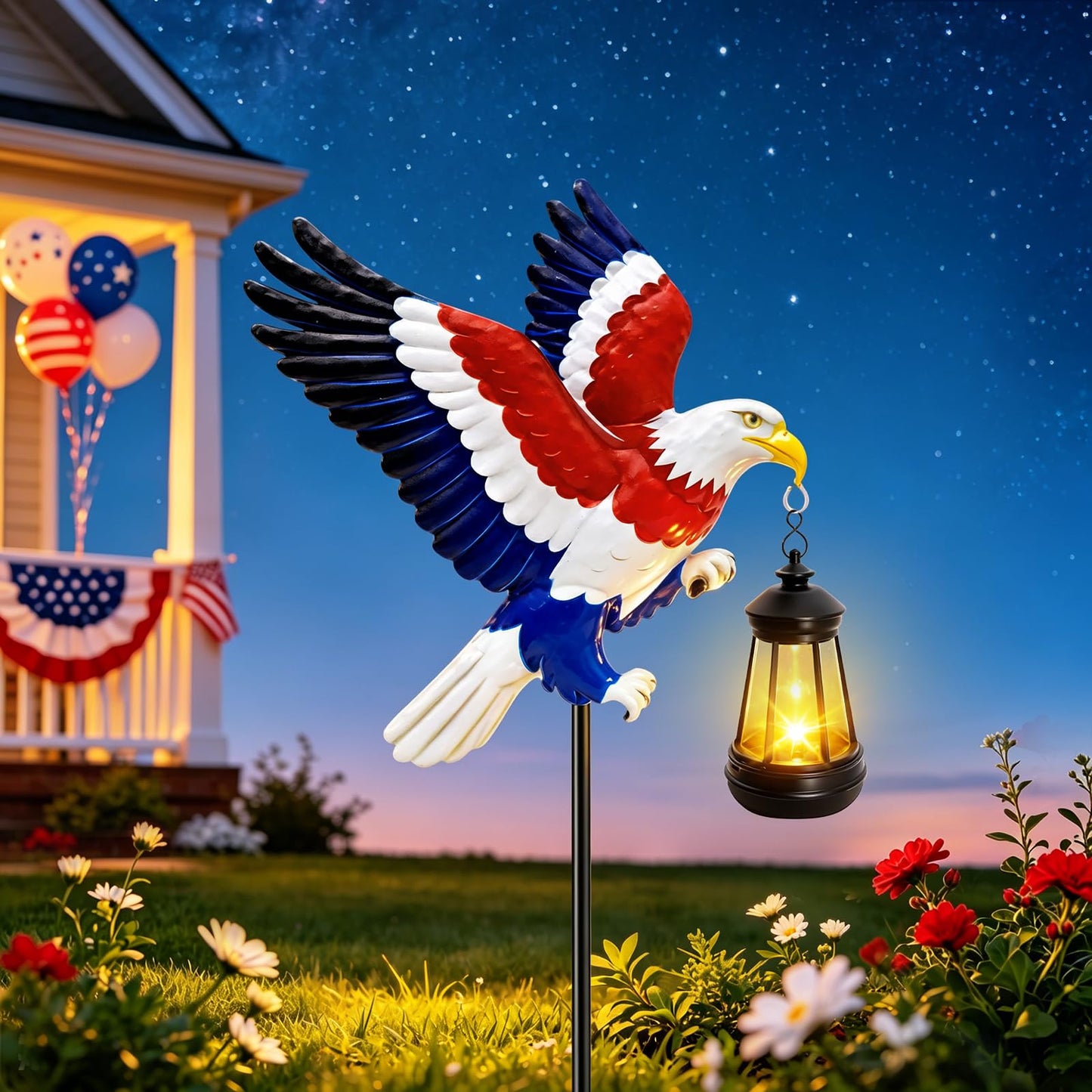 4th of July Decorations Solar Lights Outdoor, Patriotic American Eagle Hanging Lantern Waterproof, Metal Garden Decor for Independence Day Veterans Day Holiday Party Decoration Yard Patio Decor