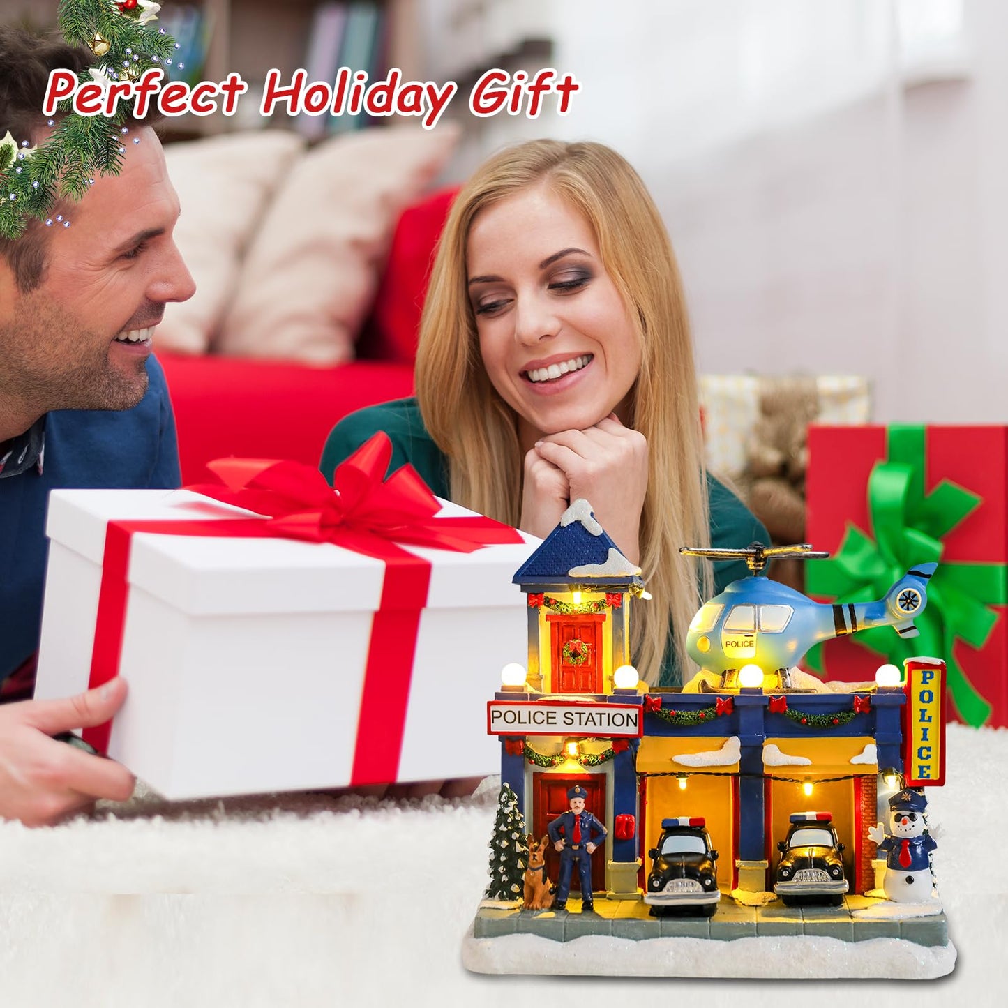 Vipush Christmas Village House Decorations Resin Police Station Home Decor Indoor Building Figurines Revolving Train with LED Light and 8 Christmas Music for Kids