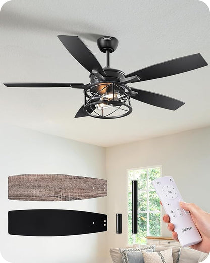 EDISHINE 42“ Black Farmhouse Ceiling Fans with Lights, Remote Control, Dimmable, 6 Speeds, 5 Wood Blades, DC Reversible Motor, Timer, Noiseless, Small Rustic Fan for Bedroom Living Room Kids Room