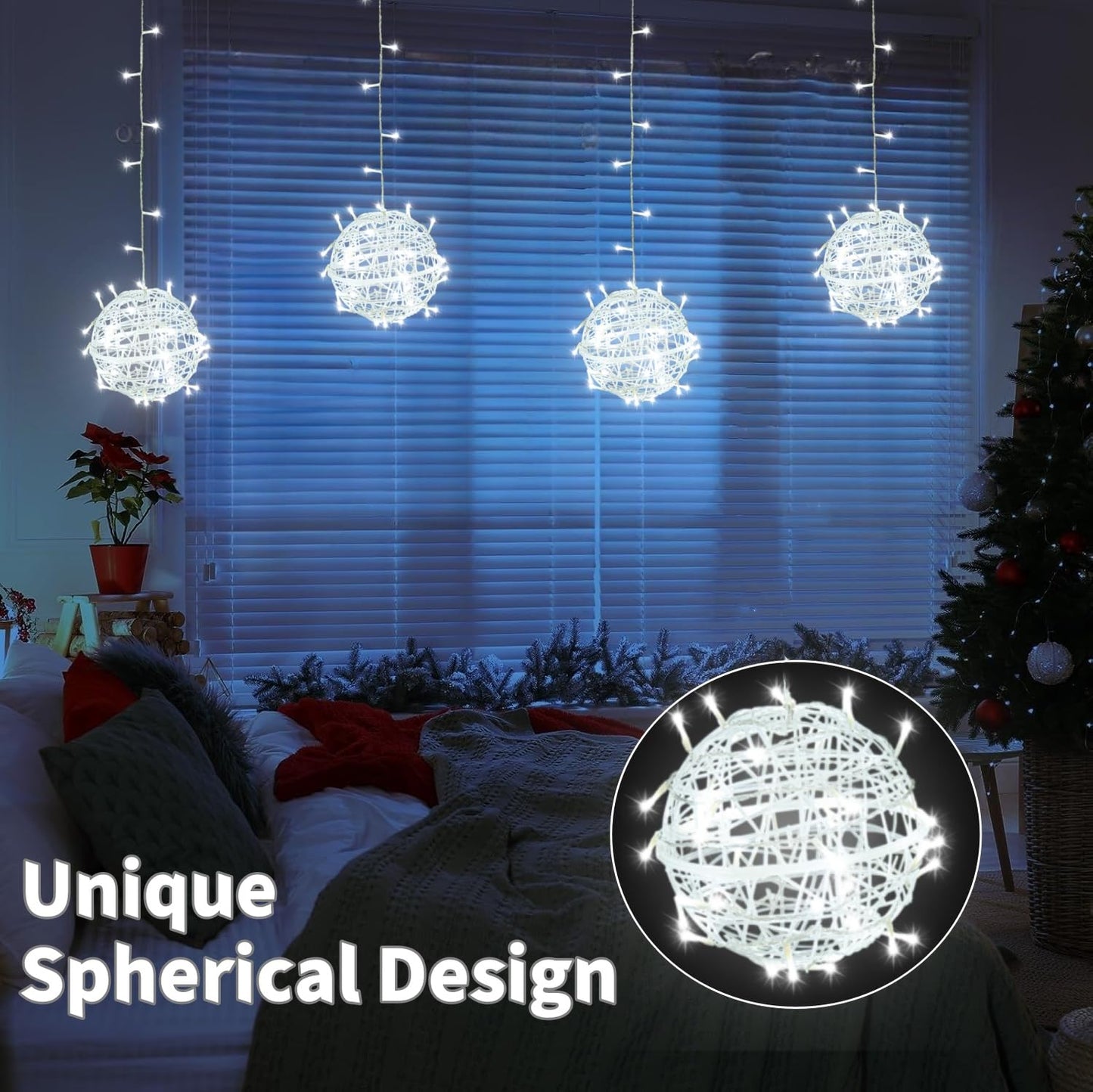 Outdoor Christmas Balls Lights 4 Pack Hanging 7.1" LED Garden Sphere Tree Lights 8 Modes Waterproof Glow Globe Light with Memory Timer Plug for Yard Porch Eave Patio Home Bedroom Decoration-Cool White