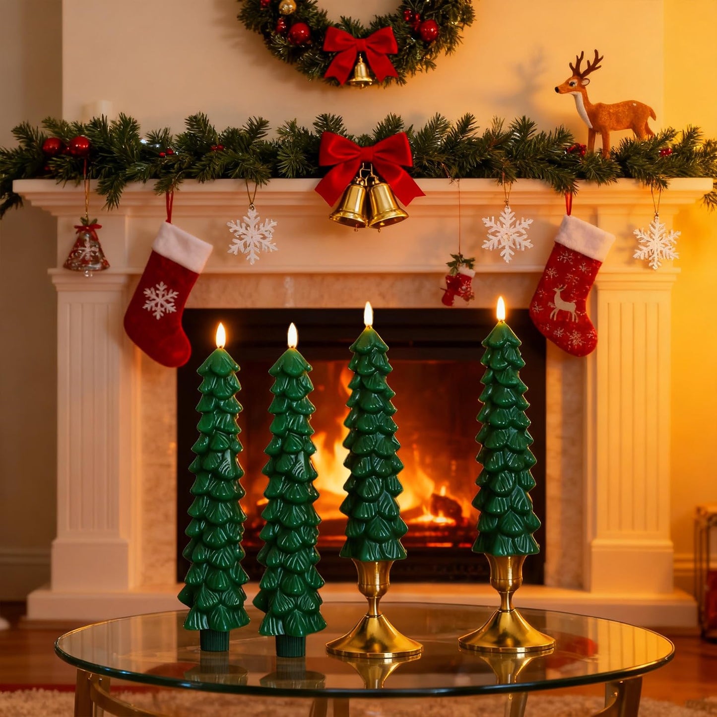 Lezonic 6Pcs Flameless Christmas Tree Candles with Remote Timer, LED Taper Candles Battery Operated Flickering Flame, 10 Inches Green Real Wax Window Candlesticks for New Year Xmas Decorations