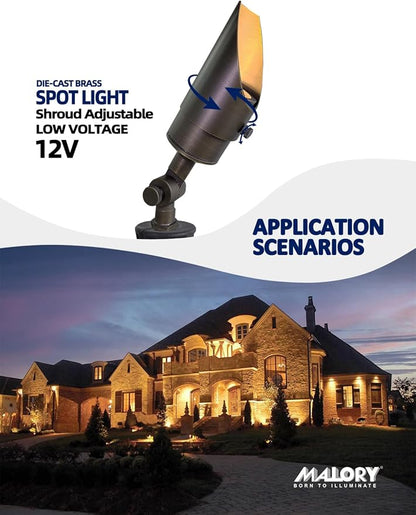 MALORY Brass Landscape Spotlight 4-Pack with MR16 Bulb Kit(S04), Low Voltage 12V AC/DC Shroud Adjustable Outside Yard Lights,PVC Ground Stake and Wire Connector Included, 5W 2700K Warm White