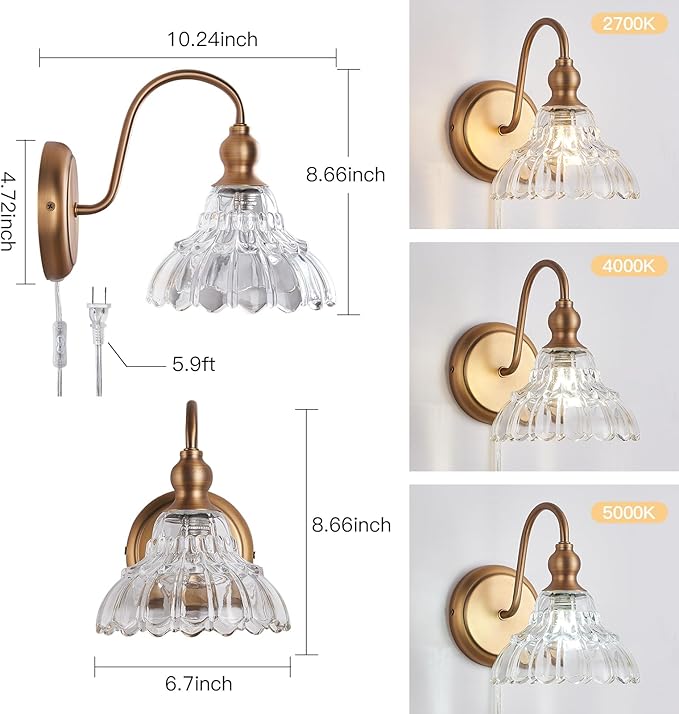 Modern Plug in Wall Sconces Brass Vintage Wall Light Fixtures Antique Vanity Lights for Fireplace Bathroom Bedroom Coffee Room