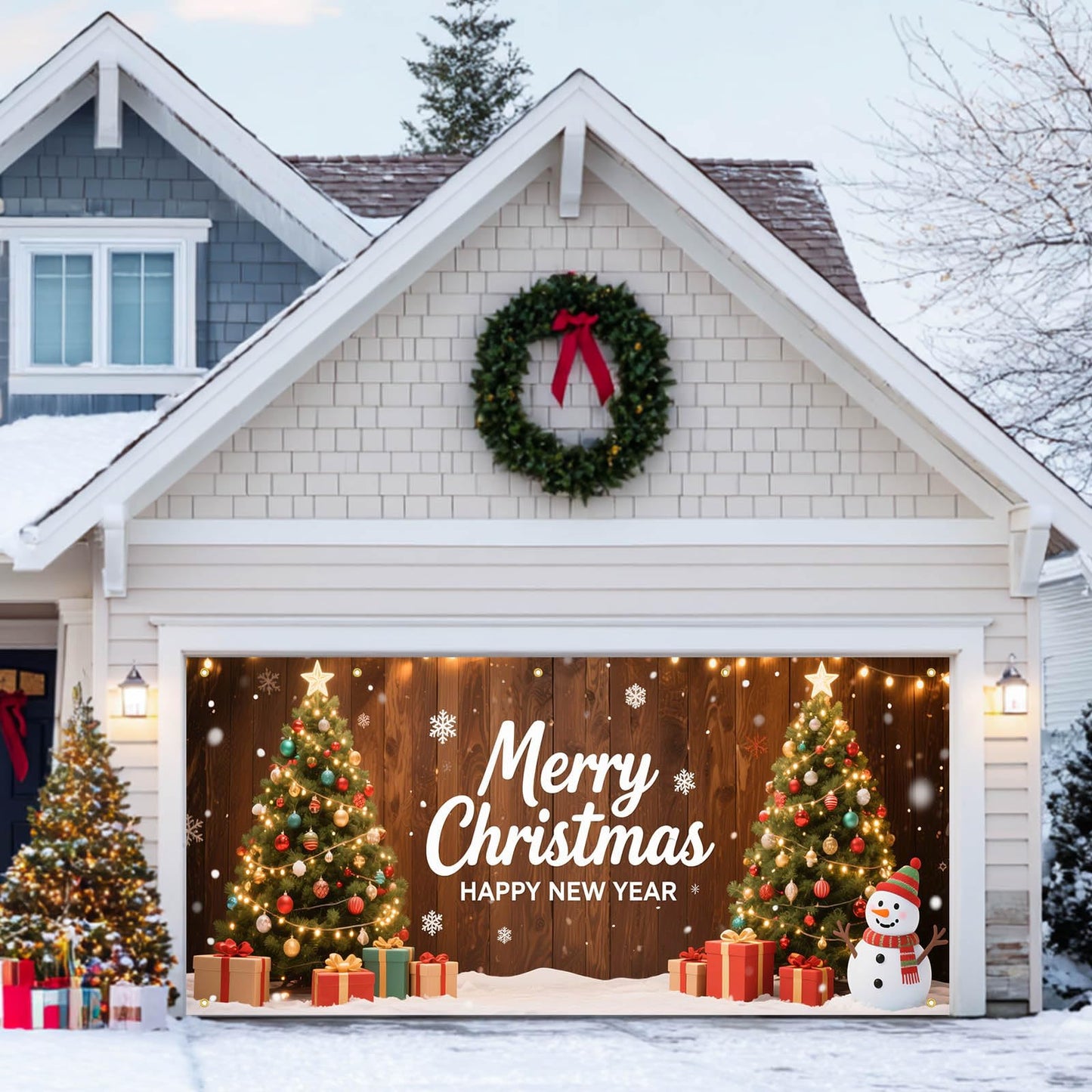HOMETITUTE Christmas Garage Door Banner 13x6ft Merry Christmas Happy New Year Green Trees Snowman Gift Boxes Holiday Outdoor Indoor Decor Seasonal Party Backdrop