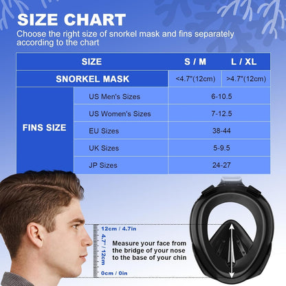 Odoland Snorkeling Packages, Full Face Snorkel Mask for Adults & Youth with Camera Mount, Adjustable Swim Fins, Anti-Fog Anti-Leak Diving Gear for Men Women Teens, Black, L/XL
