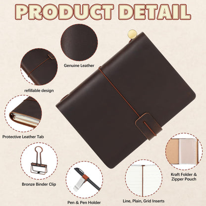 Thenshop Travelers Refillable Leather Journal Notebook Travel Diary Handmade Passport Travelers Journal for Men and Women with 3 Notebook Inserts, Pen Holder, Binder Clip(Dark Brown,Passport Size)