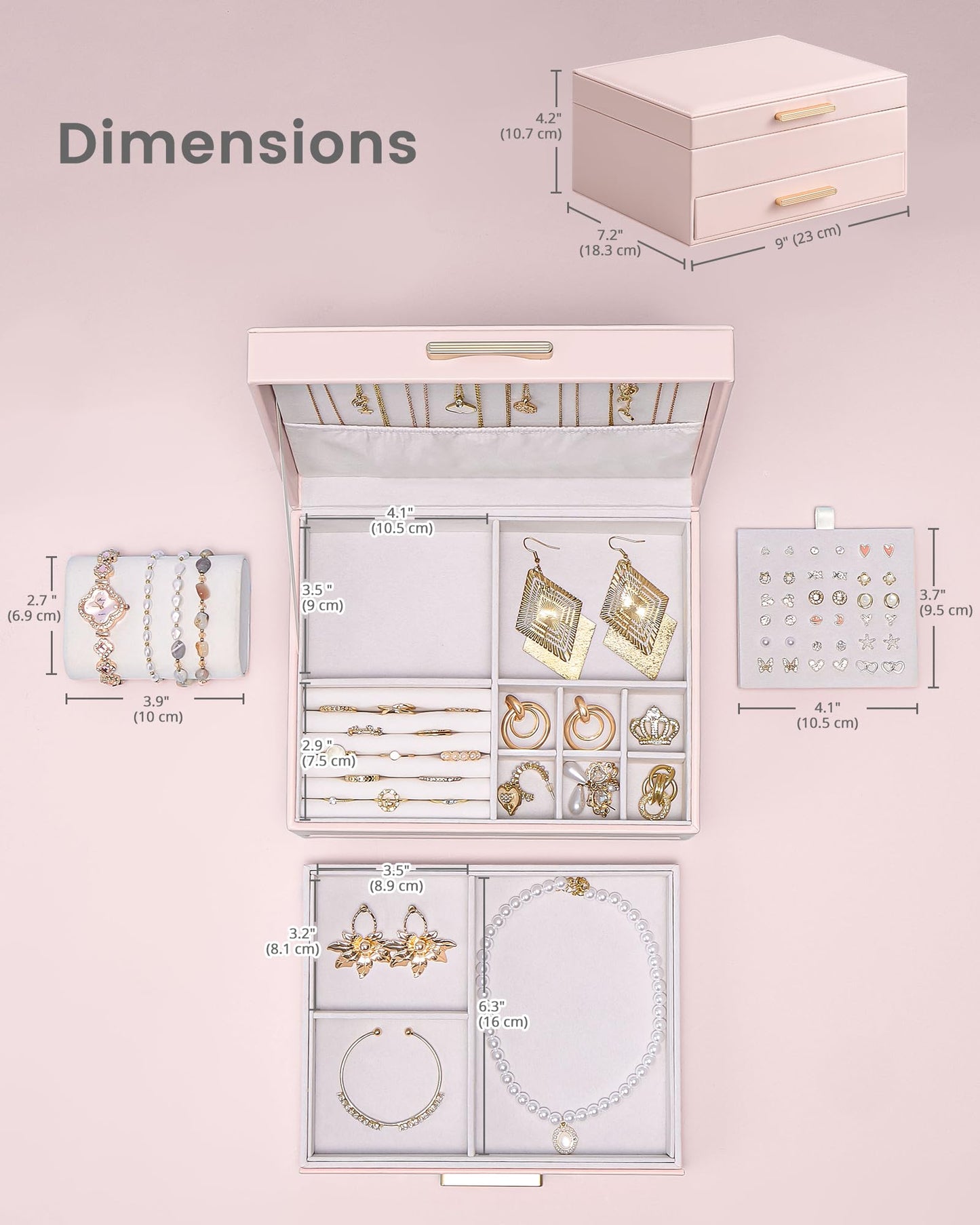 Lolalet 2-Layer Jewelry Box Organizer for Women Girls, Jewelry Storage Case Holder with Drawers for Necklaces Ring Earrings Bracelet Watch, Gifts Choice for Mom Mother’s Day -Pink