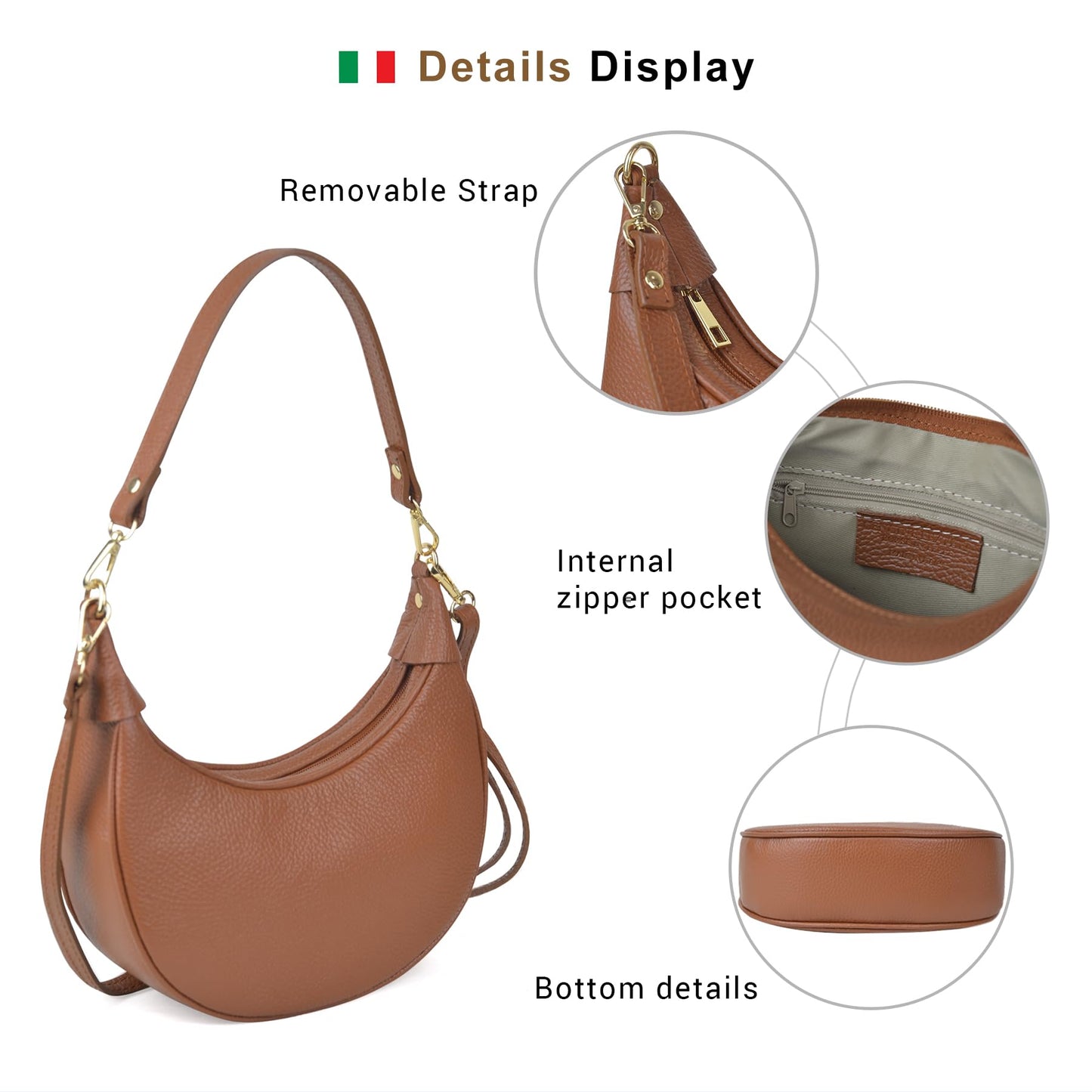 Italian Genuine Leather Crescent Hobo Bag for Women, Small Shoulder Crossbody Purse, Handbag with 2 Straps for Work Travel
